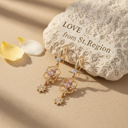 Pink Crystal and Cubic Zirconia Goldtone Scalloped Edge Starburst Hook Earrings, gold drop earrings for women, lifestyle look