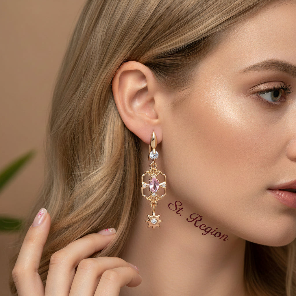 Pink Crystal & Cubic Zirconia Goldtone Scalloped Edge Starburst Hook Earrings - Street Region