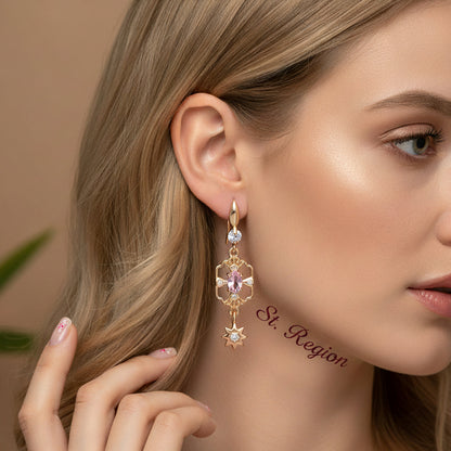 Pink Crystal & Cubic Zirconia Goldtone Scalloped Edge Starburst Hook Earrings - Street Region
