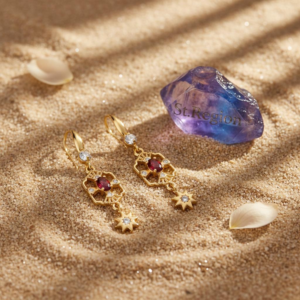 Red Crystal and Cubic Zirconia Goldtone Scalloped Edge Starburst Hook Earrings, gold drop earrings for women, detail close-up