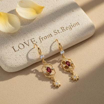 Red Crystal and Cubic Zirconia Goldtone Scalloped Edge Starburst Hook Earrings, gold drop earrings for women, lifestyle look