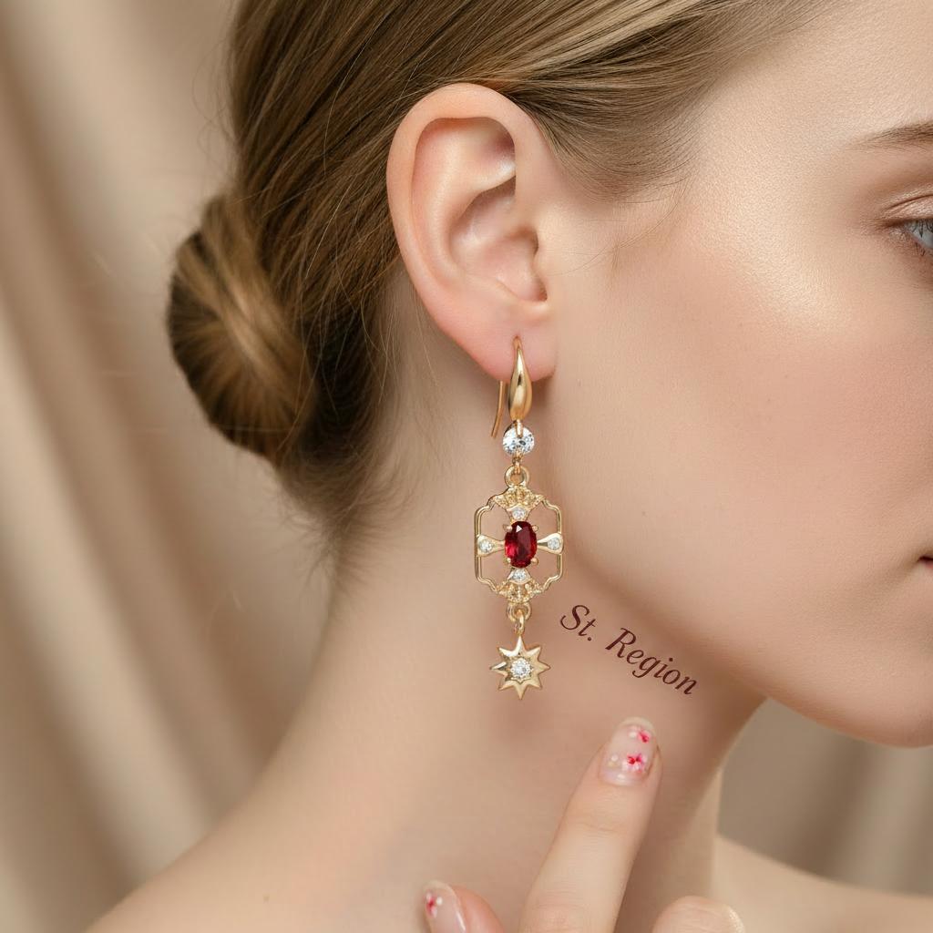 Red Crystal and Cubic Zirconia Goldtone Scalloped Edge Starburst Hook Earrings, gold drop earrings for women, styled look