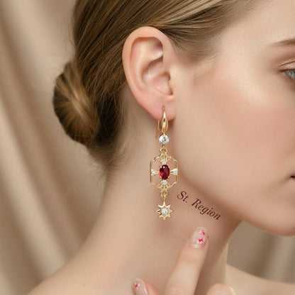 Red Crystal and Cubic Zirconia Goldtone Scalloped Edge Starburst Hook Earrings, gold drop earrings for women, styled look