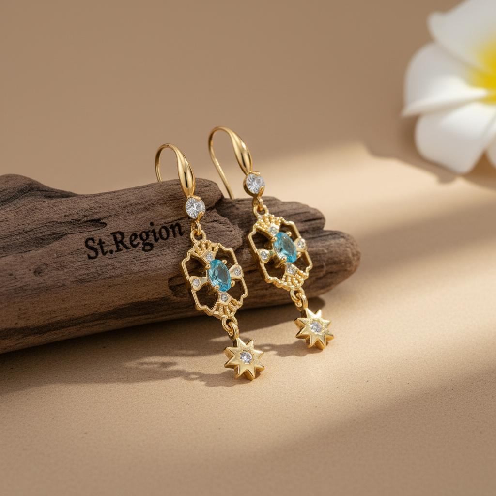 Sea Blue Crystal and Cubic Zirconia Goldtone Scalloped Edge Starburst Hook Earrings, gold drop earrings for women, front view