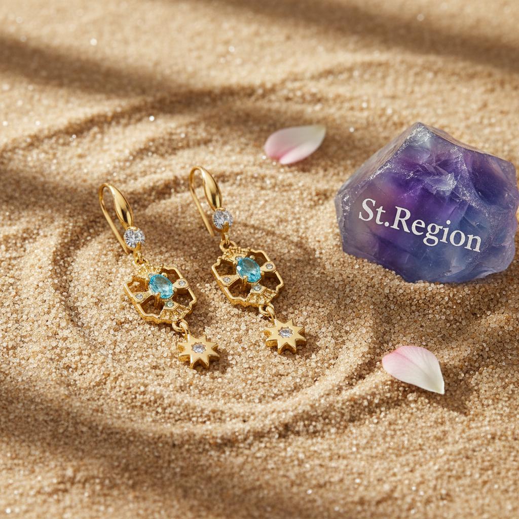 Sea Blue Crystal and Cubic Zirconia Goldtone Scalloped Edge Starburst Hook Earrings, gold drop earrings..., detail close-up
