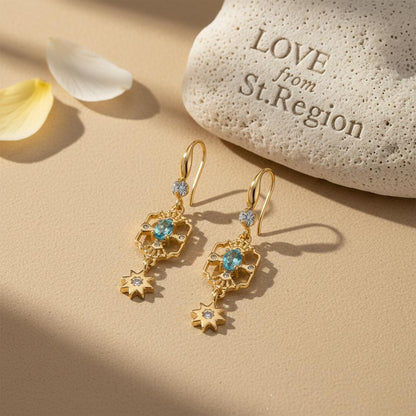 Sea Blue Crystal and Cubic Zirconia Goldtone Scalloped Edge Starburst Hook Earrings, gold drop earrings..., lifestyle look