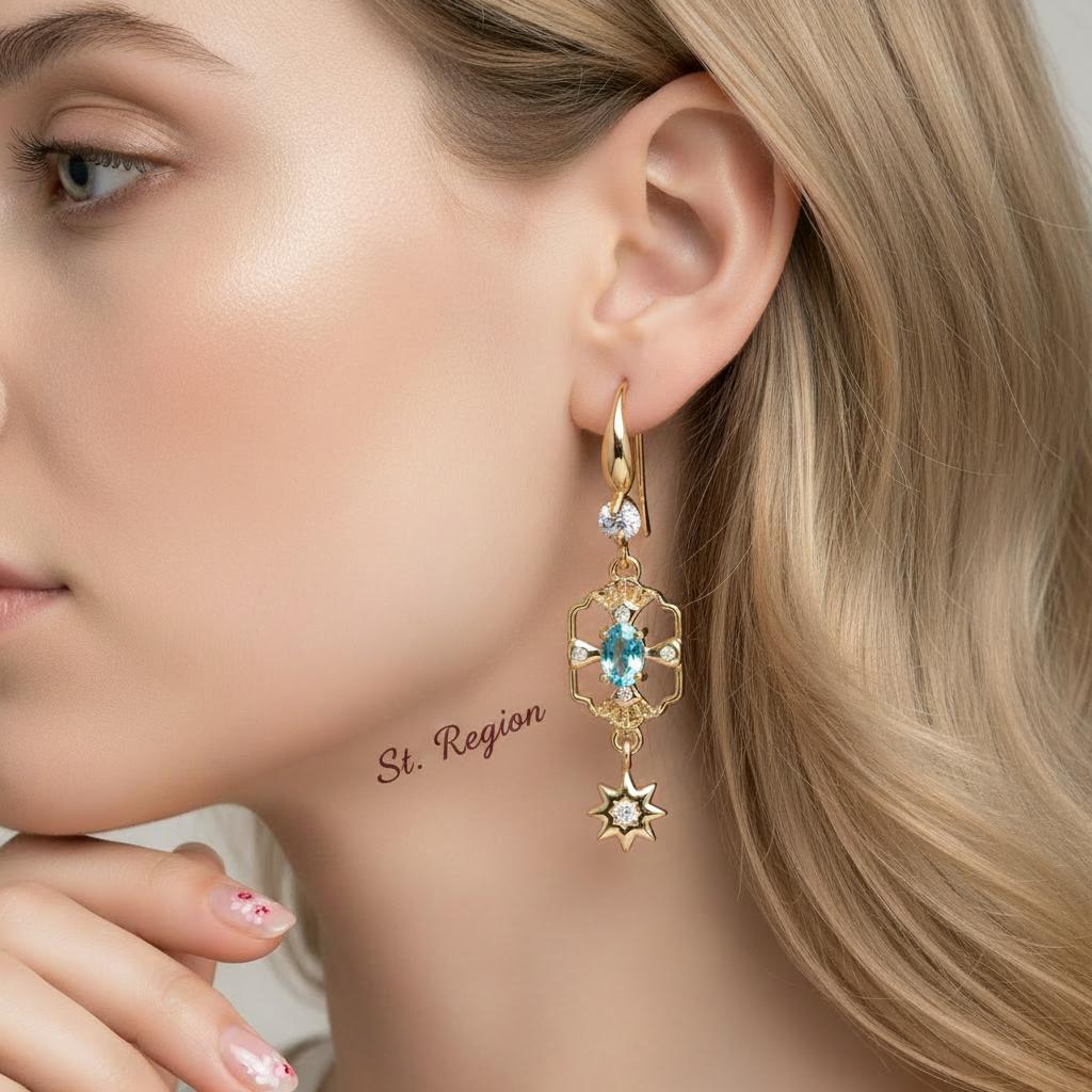 Sea Blue Crystal and Cubic Zirconia Goldtone Scalloped Edge Starburst Hook Earrings, gold drop earrings for..., styled look