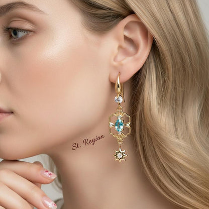 Sea Blue Crystal and Cubic Zirconia Goldtone Scalloped Edge Starburst Hook Earrings, gold drop earrings for..., styled look