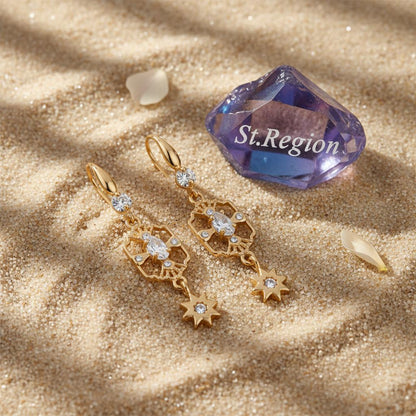 White Crystal and Cubic Zirconia Goldtone Scalloped Edge Starburst Hook Earrings, gold drop earrings for..., detail close-up