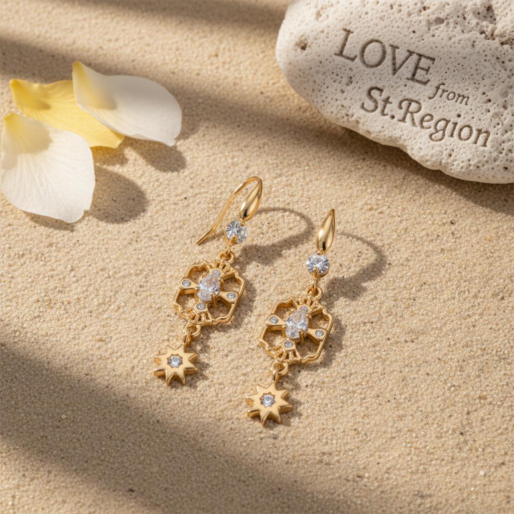 White Crystal and Cubic Zirconia Goldtone Scalloped Edge Starburst Hook Earrings, gold drop earrings for..., lifestyle look