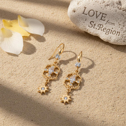White Crystal and Cubic Zirconia Goldtone Scalloped Edge Starburst Hook Earrings, gold drop earrings for..., lifestyle look