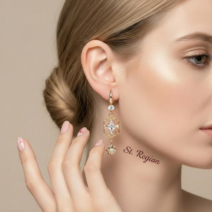 White Crystal and Cubic Zirconia Goldtone Scalloped Edge Starburst Hook Earrings, gold drop earrings for women, styled look