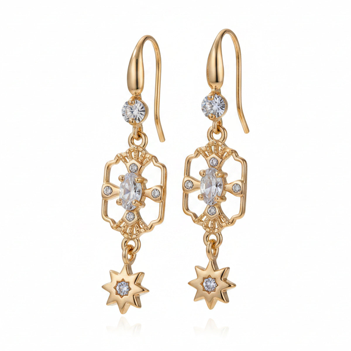 White Crystal & Cubic Zirconia Goldtone Scalloped Edge Starburst Hook Earrings - Street Region