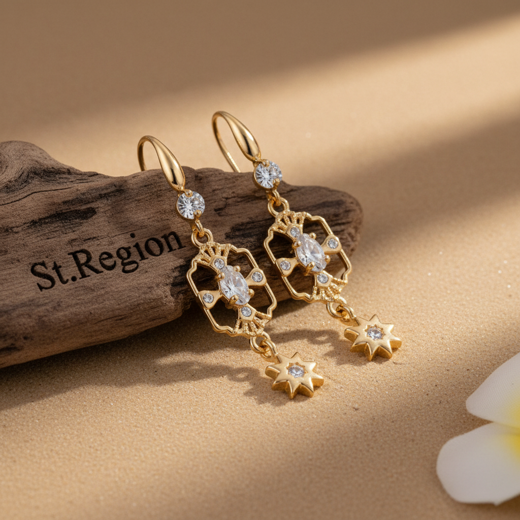 White Crystal & Cubic Zirconia Goldtone Scalloped Edge Starburst Hook Earrings - Street Region