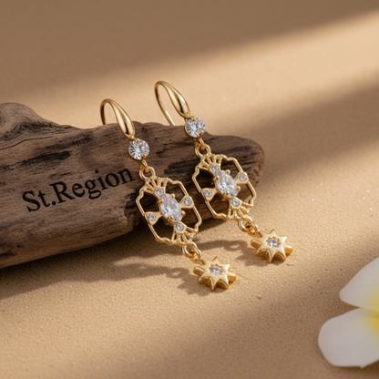 White Crystal & Cubic Zirconia Goldtone Scalloped Edge Starburst Hook Earrings - Street Region