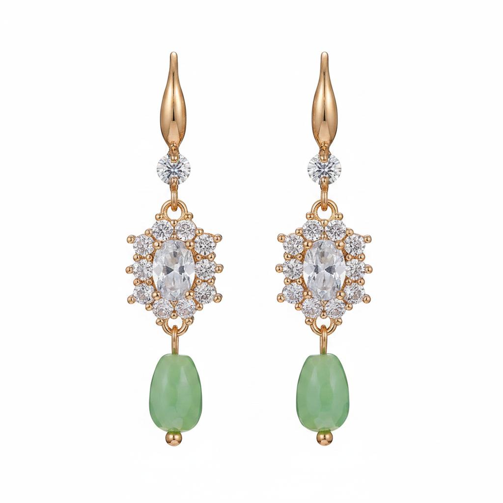 Crystal and Green Resin Cubic Zirconia Goldtone Oval Flower Drop Earrings, gold drop earrings for women, side view