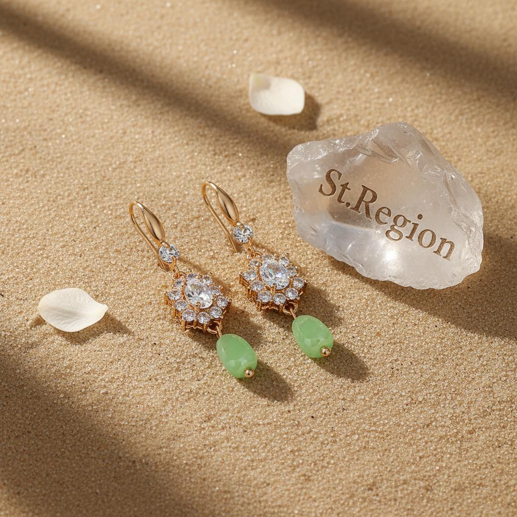 Crystal and Green Resin Cubic Zirconia Goldtone Oval Flower Drop Earrings, gold drop earrings for women, detail close-up