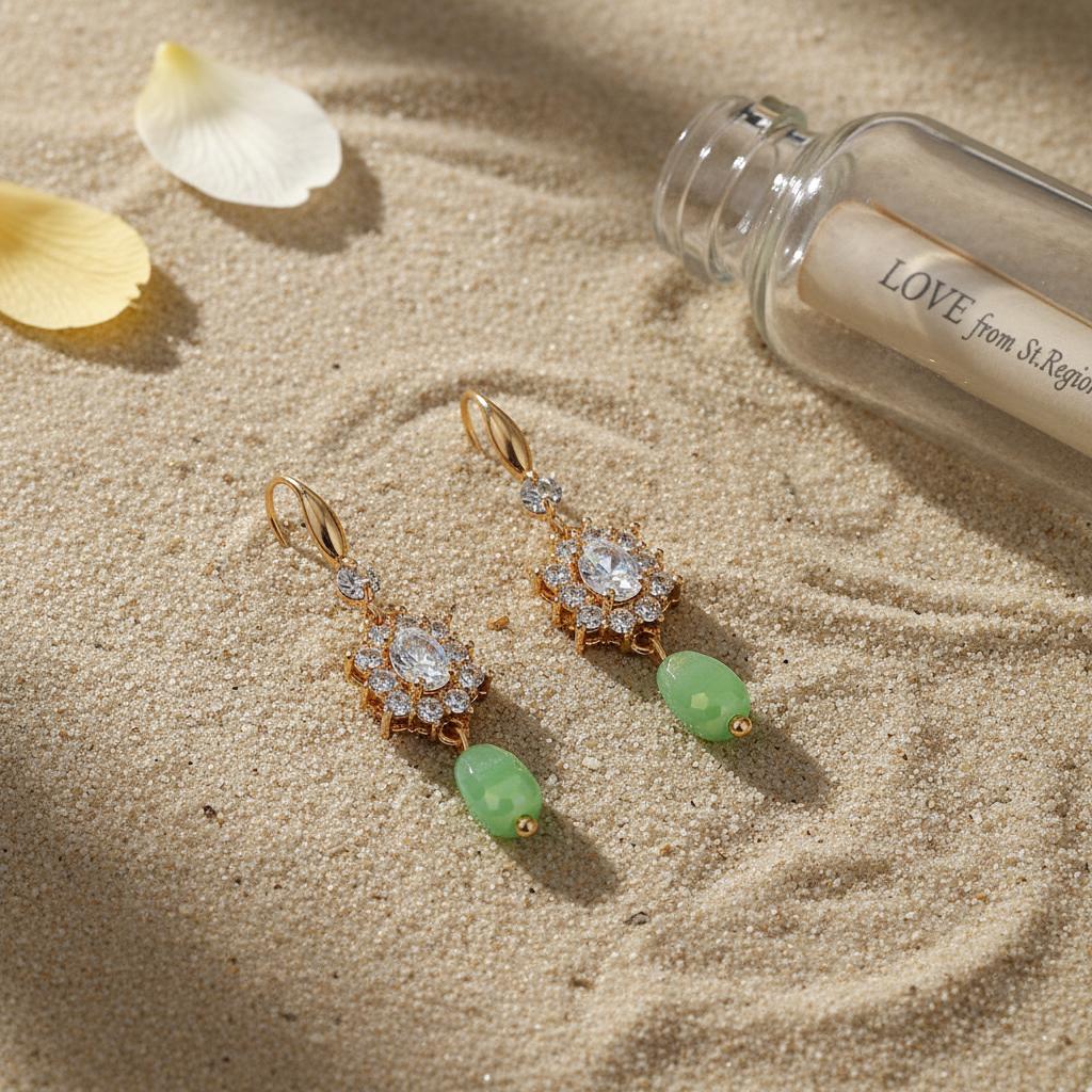 Crystal and Green Resin Cubic Zirconia Goldtone Oval Flower Drop Earrings, gold drop earrings for women, lifestyle look