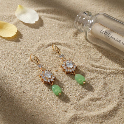 Crystal and Green Resin Cubic Zirconia Goldtone Oval Flower Drop Earrings, gold drop earrings for women, lifestyle look