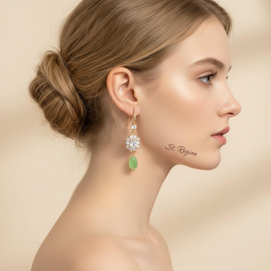 Crystal and Green Resin Cubic Zirconia Goldtone Oval Flower Drop Earrings, gold drop earrings for women, styled look