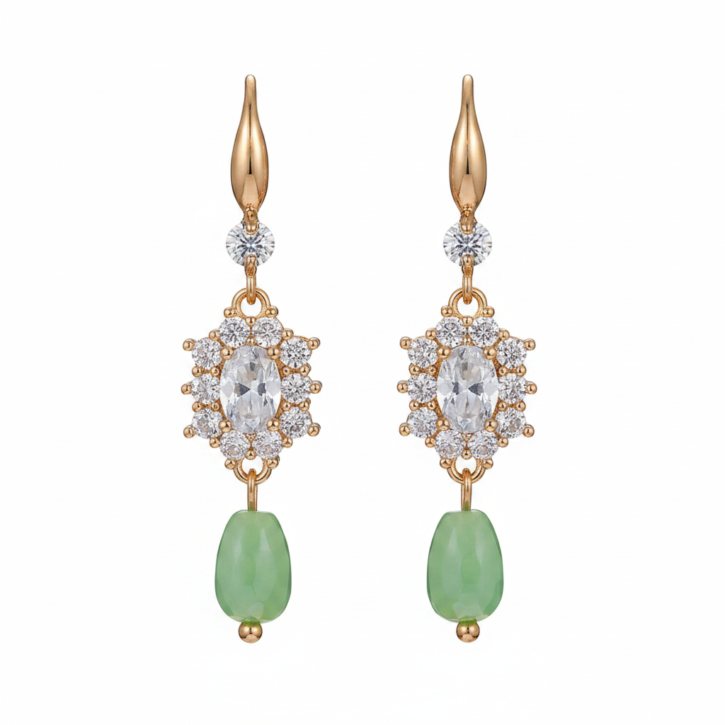 Crystal & Green Resin Cubic Zirconia Goldtone Oval Flower Drop Earrings - Street Region