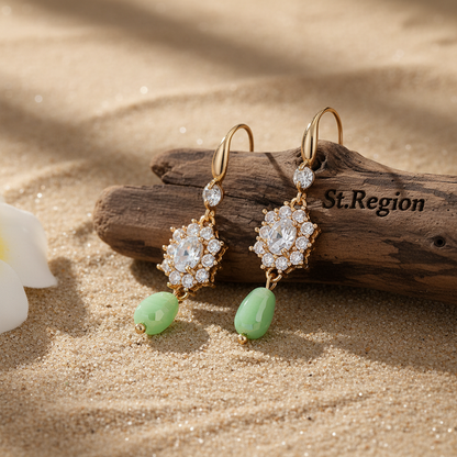 Crystal & Green Resin Cubic Zirconia Goldtone Oval Flower Drop Earrings - Street Region