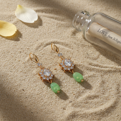 Crystal & Green Resin Cubic Zirconia Goldtone Oval Flower Drop Earrings - Street Region