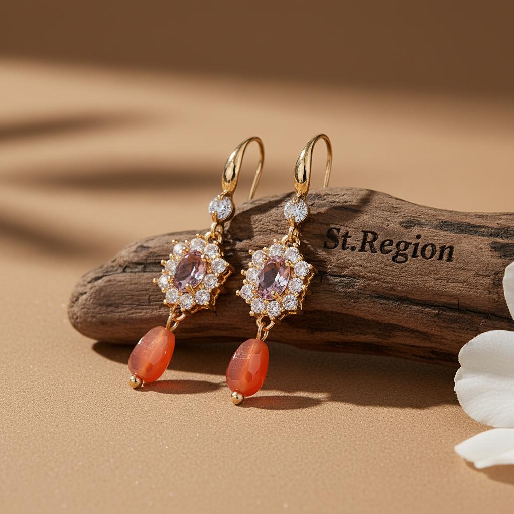 Pink Crystal and Resin Cubic Zirconia Goldtone Oval Flower Drop Earrings, gold drop earrings for women, front view
