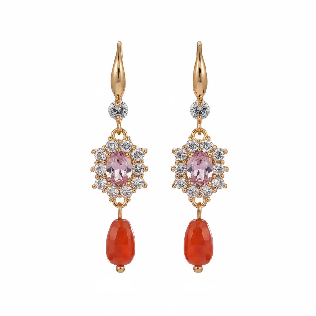 Pink Crystal and Resin Cubic Zirconia Goldtone Oval Flower Drop Earrings, gold drop earrings for women, side view