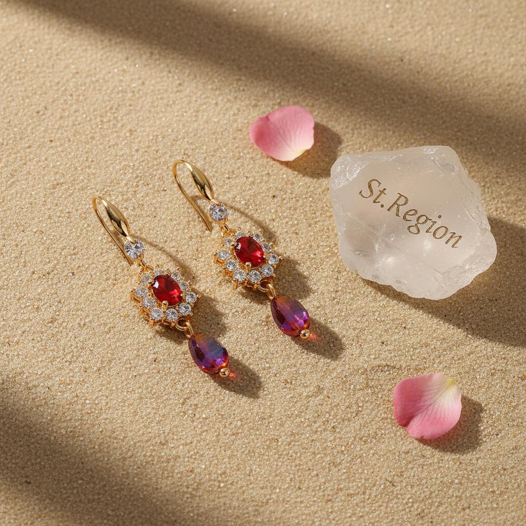 Red Crystal and Resin Cubic Zirconia Goldtone Oval Flower Drop Earrings, gold drop earrings for women, detail close-up