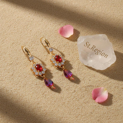 Red Crystal and Resin Cubic Zirconia Goldtone Oval Flower Drop Earrings, gold drop earrings for women, detail close-up