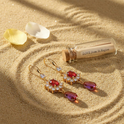 Red Crystal and Resin Cubic Zirconia Goldtone Oval Flower Drop Earrings, gold drop earrings for women, lifestyle look