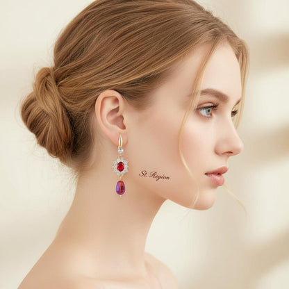 Red Crystal and Resin Cubic Zirconia Goldtone Oval Flower Drop Earrings, gold drop earrings for women, styled look