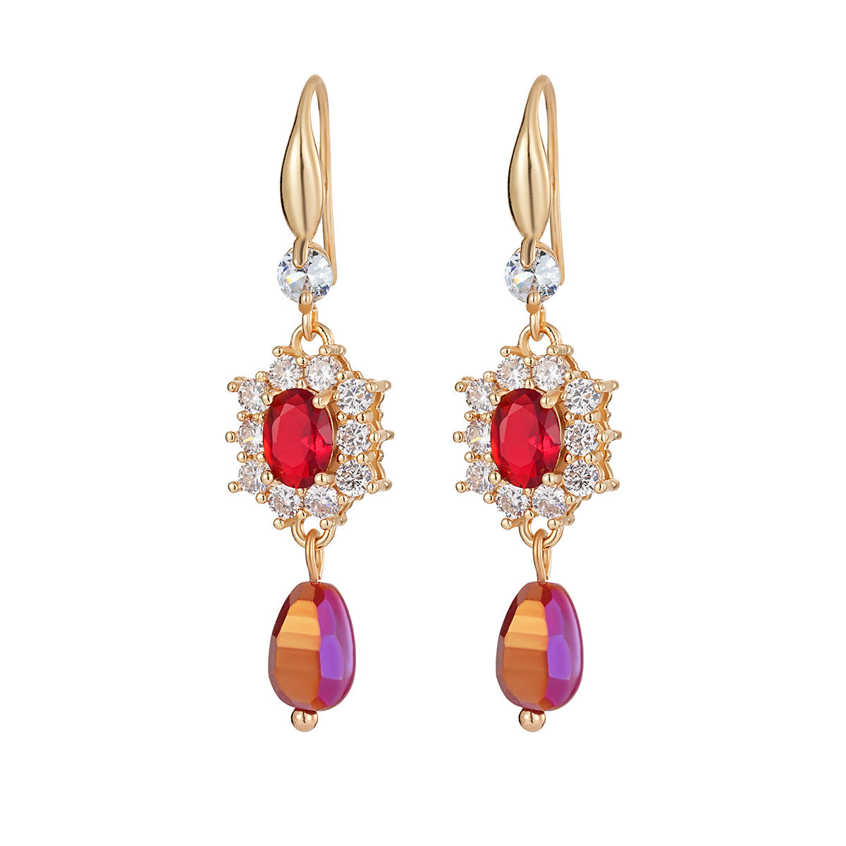 Red Crystal & Resin Cubic Zirconia Goldtone Oval Flower Drop Earrings - Street Region