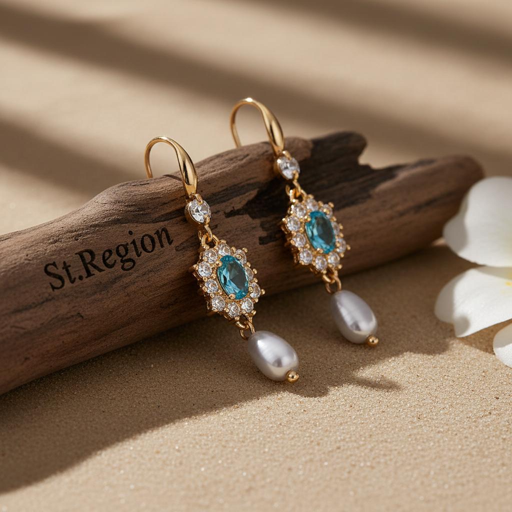 Sea Blue Crystal and Resin Cubic Zirconia Goldtone Oval Flower Drop Earrings, gold drop earrings for women, front view