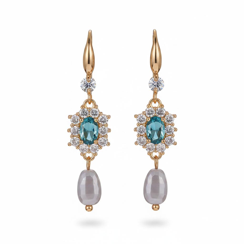 Sea Blue Crystal and Resin Cubic Zirconia Goldtone Oval Flower Drop Earrings, gold drop earrings for women, side view