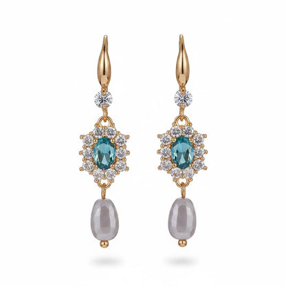 Sea Blue Crystal and Resin Cubic Zirconia Goldtone Oval Flower Drop Earrings, gold drop earrings for women, side view