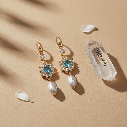 Sea Blue Crystal and Resin Cubic Zirconia Goldtone Oval Flower Drop Earrings, gold drop earrings for women, detail close-up