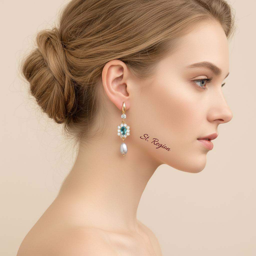 Sea Blue Crystal and Resin Cubic Zirconia Goldtone Oval Flower Drop Earrings, gold drop earrings for women, styled look