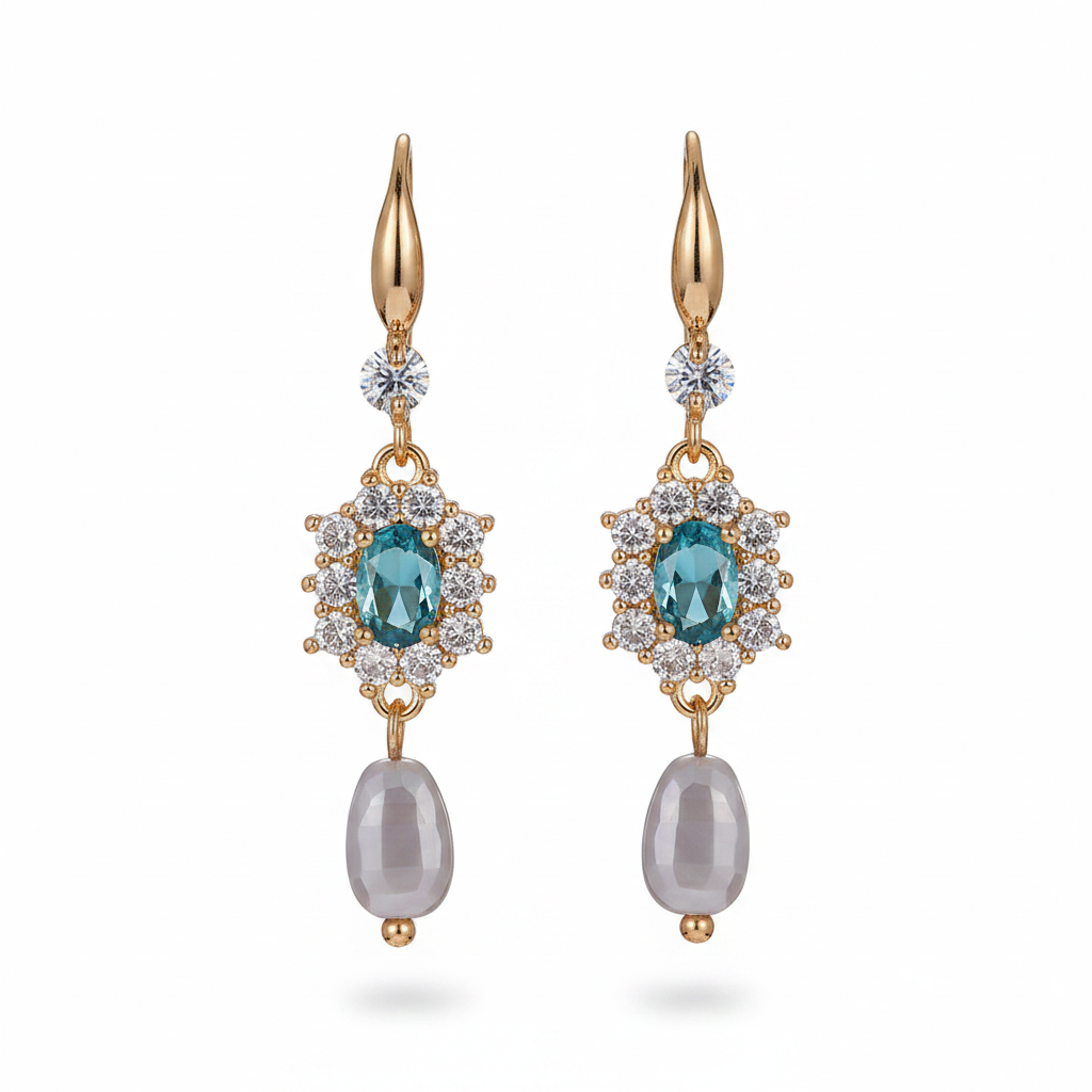 Sea Blue Crystal & Resin Cubic Zirconia Goldtone Oval Flower Drop Earrings - Street Region