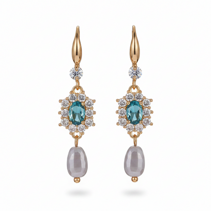 Sea Blue Crystal & Resin Cubic Zirconia Goldtone Oval Flower Drop Earrings - Street Region