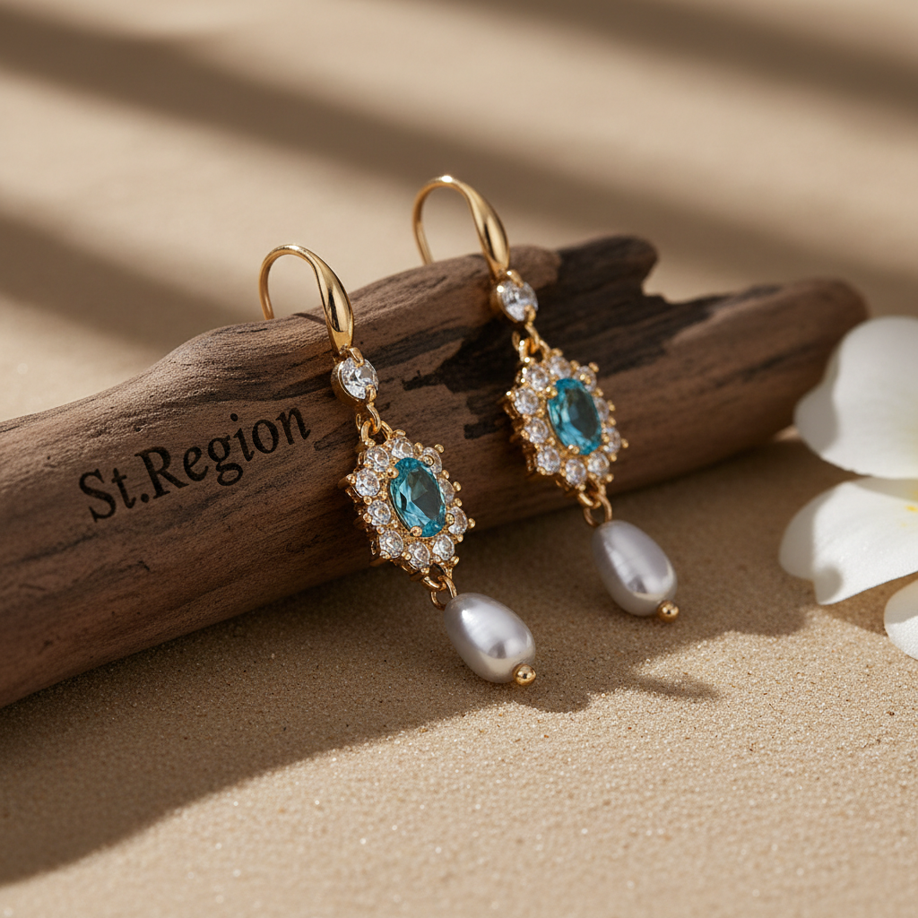 Sea Blue Crystal & Resin Cubic Zirconia Goldtone Oval Flower Drop Earrings - Street Region