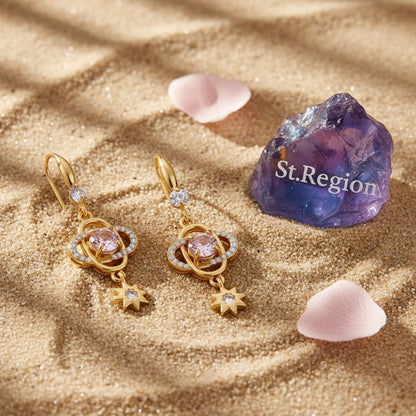 Pink Crystal and Cubic Zirconia Goldtone Planet Starburst Hook Earrings, gold drop earrings for women, detail close-up