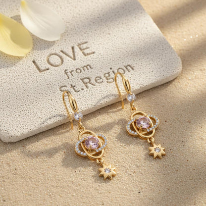 Pink Crystal and Cubic Zirconia Goldtone Planet Starburst Hook Earrings, gold drop earrings for women, lifestyle look