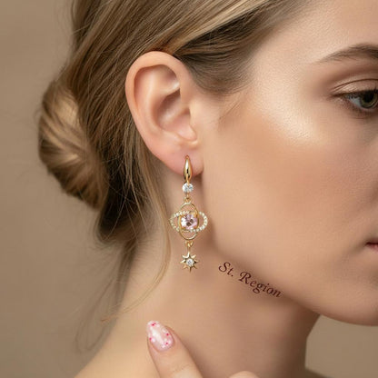 Pink Crystal and Cubic Zirconia Goldtone Planet Starburst Hook Earrings, gold drop earrings for women, styled look