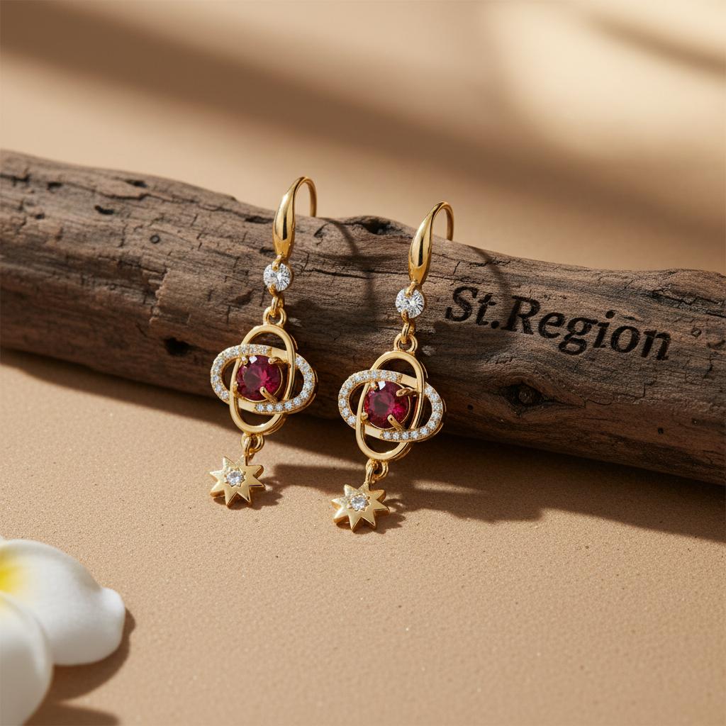 Red Crystal and Cubic Zirconia Goldtone Planet Starburst Hook Earrings, gold drop earrings for women, front view