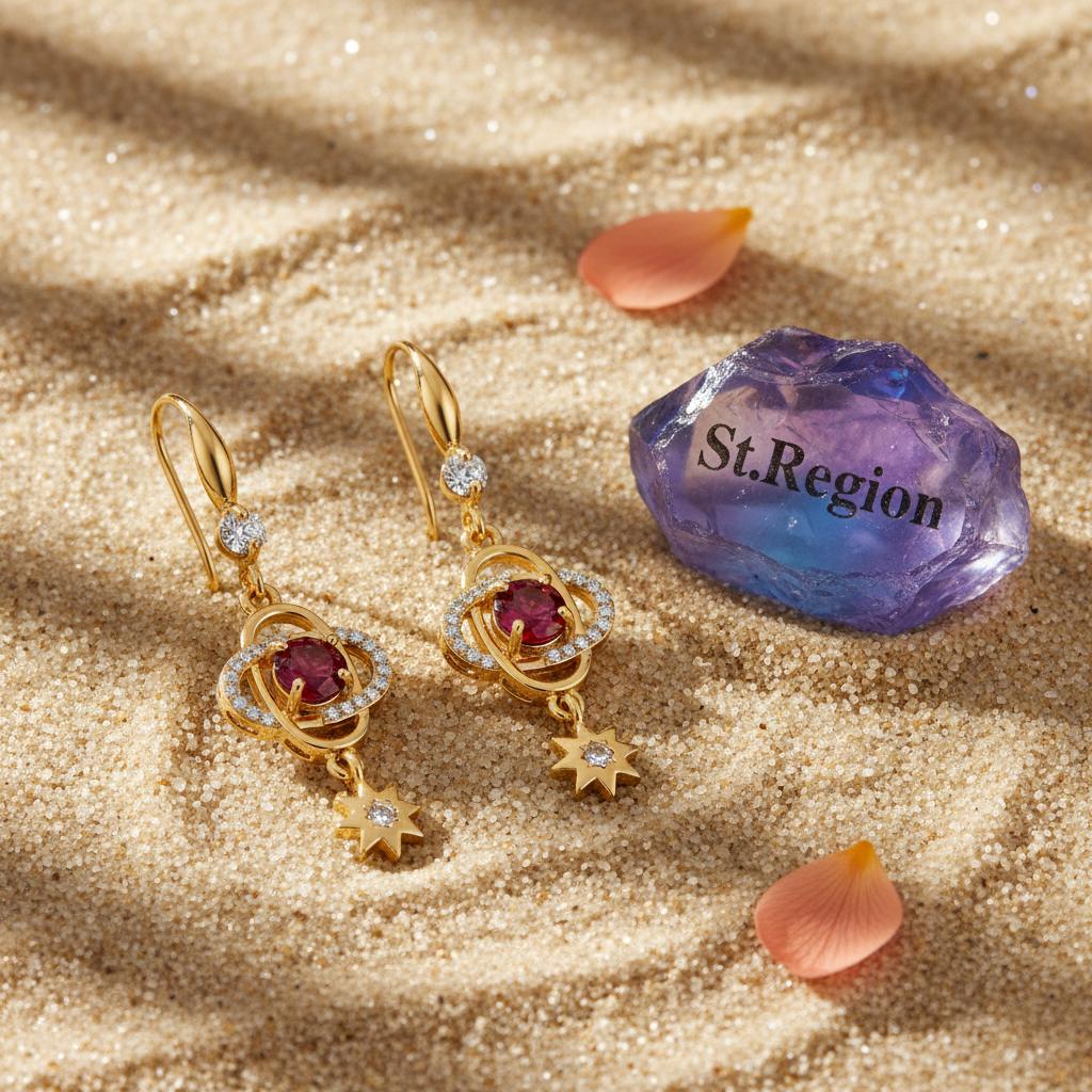 Red Crystal and Cubic Zirconia Goldtone Planet Starburst Hook Earrings, gold drop earrings for women, detail close-up