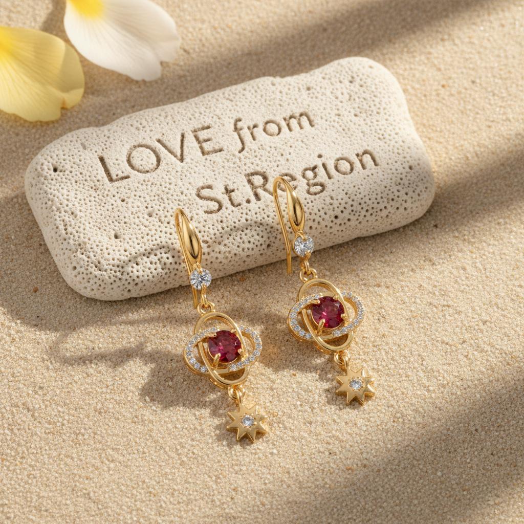 Red Crystal and Cubic Zirconia Goldtone Planet Starburst Hook Earrings, gold drop earrings for women, lifestyle look