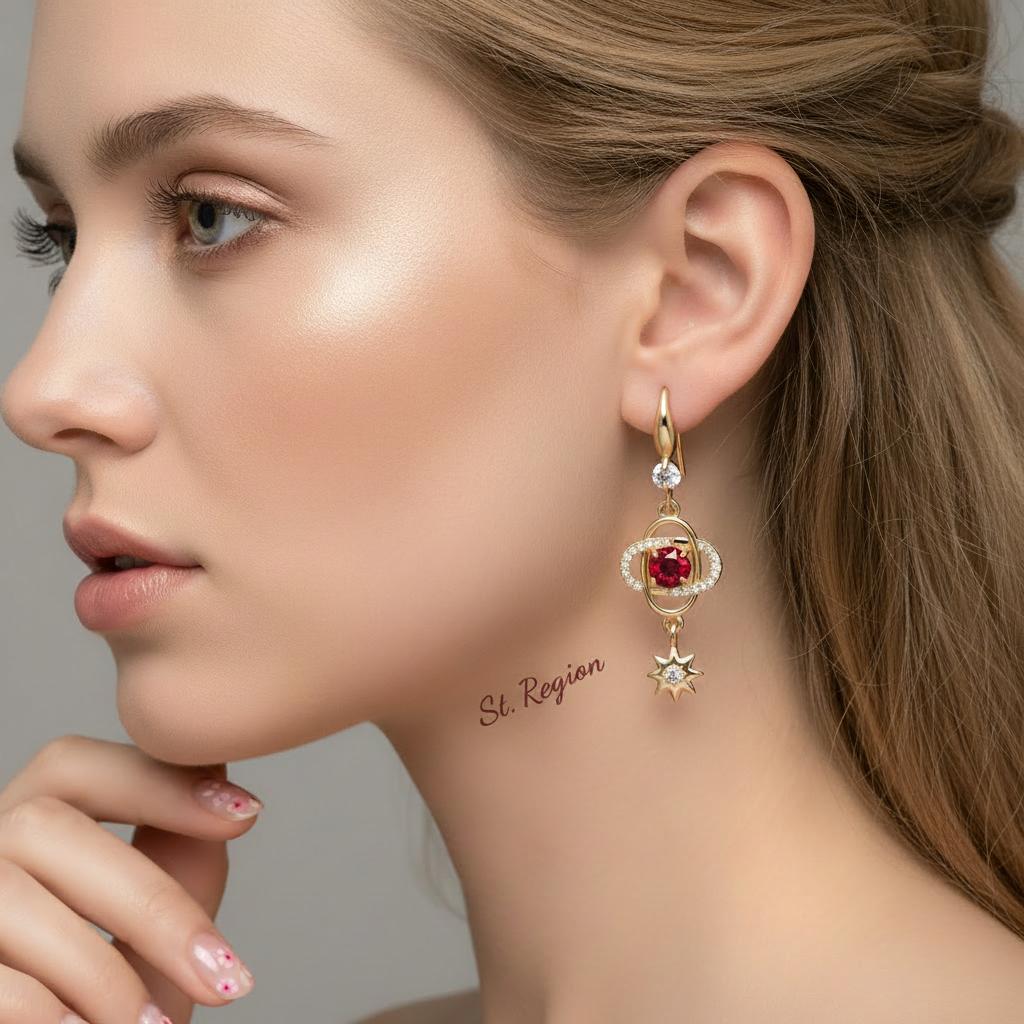 Red Crystal and Cubic Zirconia Goldtone Planet Starburst Hook Earrings, gold drop earrings for women, styled look