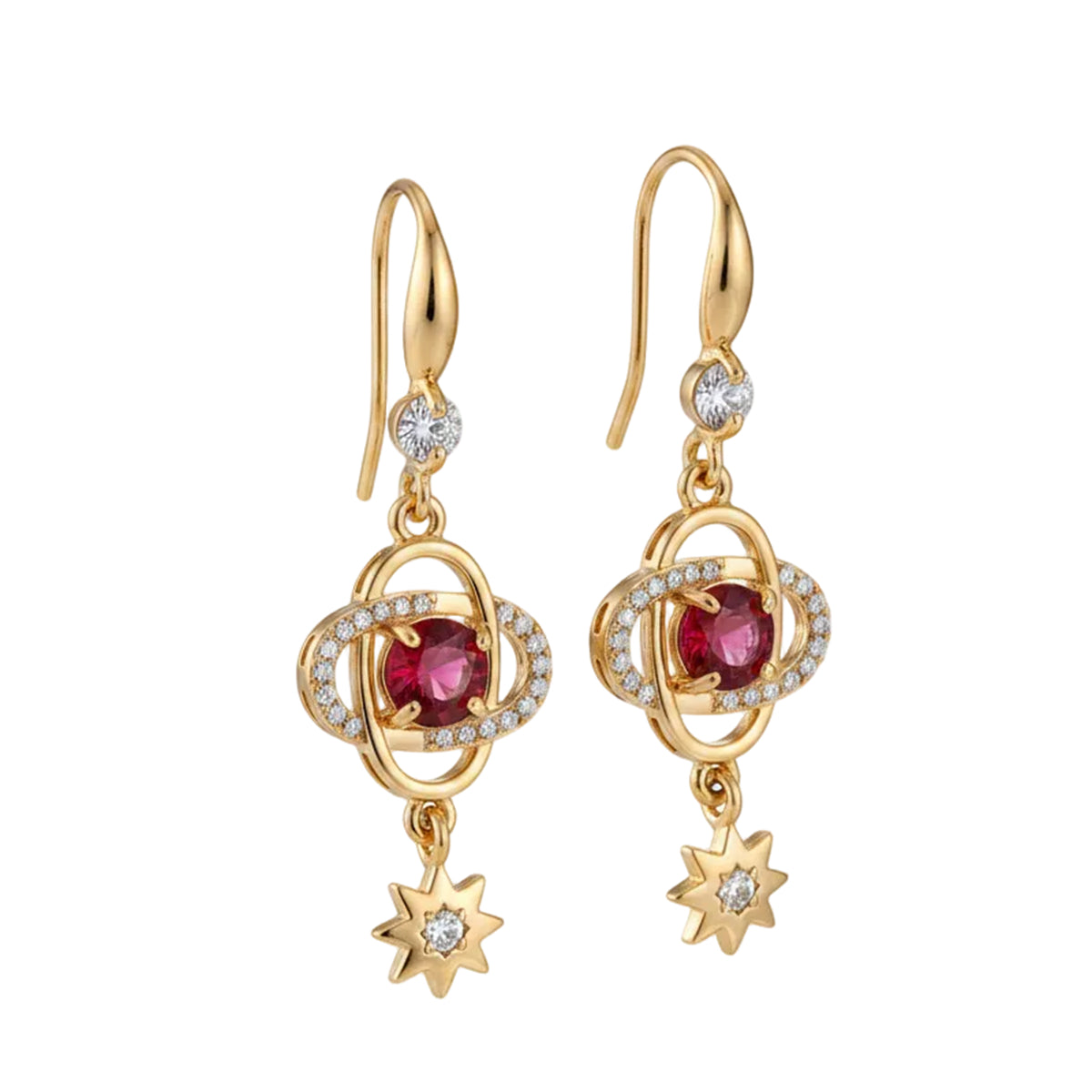 Red Crystal & Cubic Zirconia Goldtone Planet Starburst Hook Earrings - Street Region